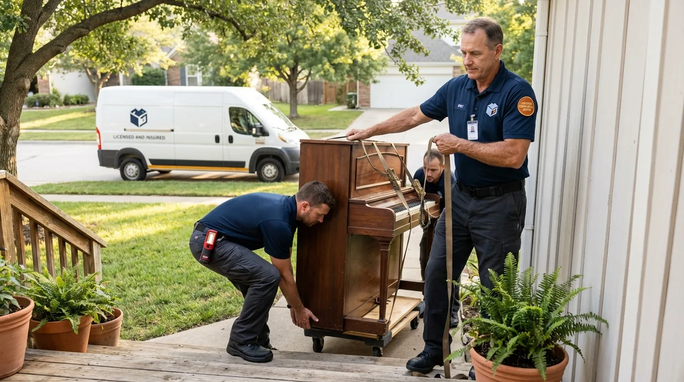Licensed piano movers securing grand piano in Hancock, MD