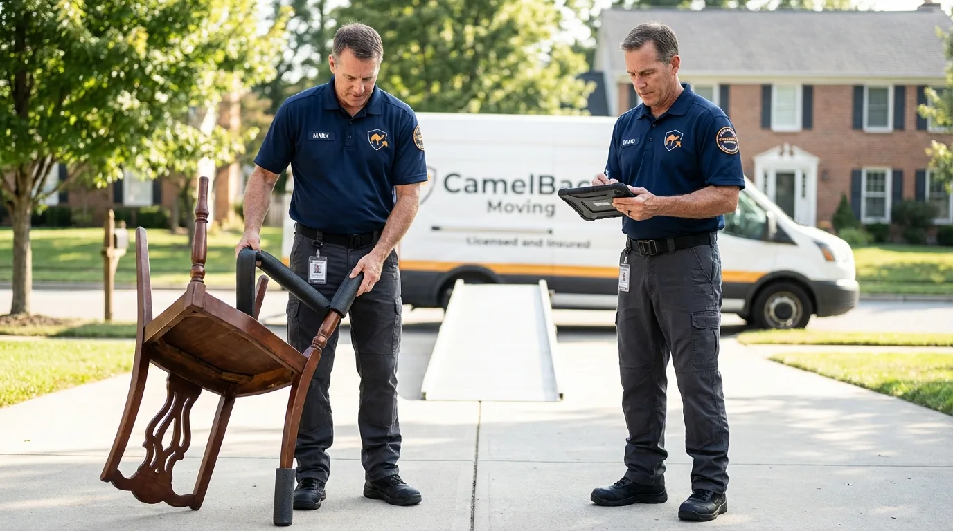 Movers inspecting furniture for damage prevention before loading in Hancock, MD