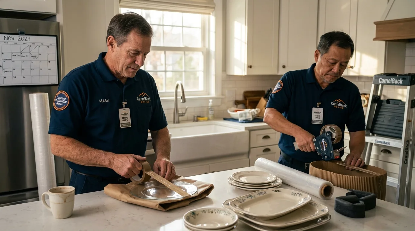 Professional crew packing kitchen dishware in Hancock, MD